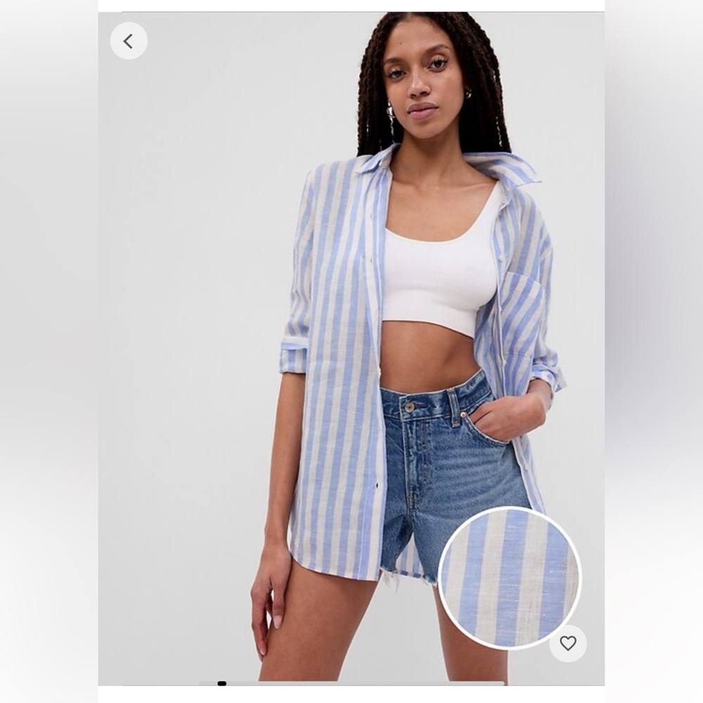 GAP Linen Boyfriend Shirt blue & white striped Medium Petite LIKE NEW